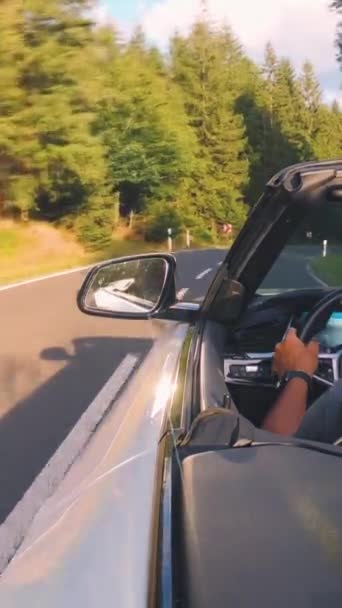 Adult Man Driving Convertable Car Sunny Nature Bright Summer Day — Stock Video