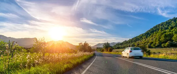 Rental Car Spain Mountain Landscape Road Sunset Stock Image