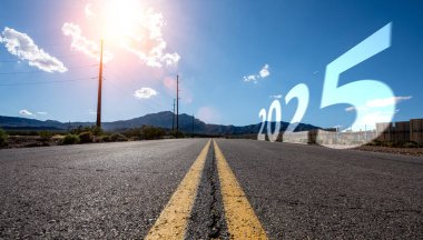 New year 2025 or start straight and beginning concept. number 2025 start written on the road at sunset with lens flare. Concept of challenge or career path, business strategy. clipart