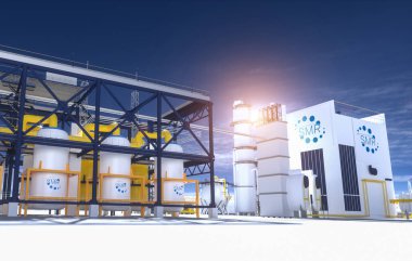 Güneşli bir günde SMR küçük modüler nükleer reaktör santrali kavramı. SMR gelecekteki enerji konseptidir. 3d oluşturma.