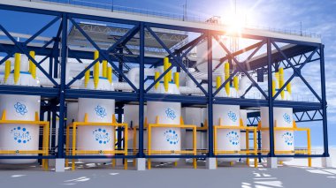 Güneşli bir günde SMR küçük modüler nükleer reaktör santrali kavramı. SMR gelecekteki enerji konseptidir. 3d oluşturma.