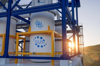 Güneşli bir günde SMR küçük modüler nükleer reaktör santrali kavramı. SMR gelecekteki enerji konseptidir. 3d oluşturma.