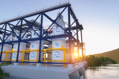 Güneşli bir günde SMR küçük modüler nükleer reaktör santrali kavramı. SMR gelecekteki enerji konseptidir. 3d oluşturma.