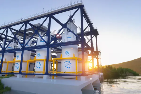 Güneşli bir günde SMR küçük modüler nükleer reaktör santrali kavramı. SMR gelecekteki enerji konseptidir. 3d oluşturma.