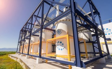 Güneşli bir günde SMR küçük modüler nükleer reaktör santrali kavramı. SMR gelecekteki enerji konseptidir. 3d oluşturma.