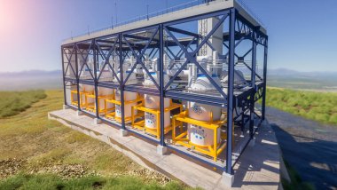 Güneşli bir günde SMR küçük modüler nükleer reaktör santrali kavramı. SMR gelecekteki enerji konseptidir. 3d oluşturma.