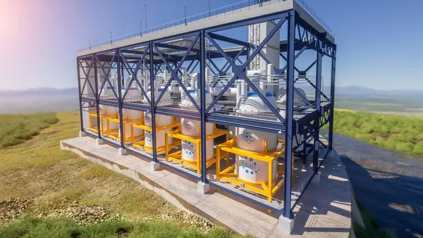 Güneşli bir günde SMR küçük modüler nükleer reaktör santrali kavramı. SMR gelecekteki enerji konseptidir. 3d oluşturma.