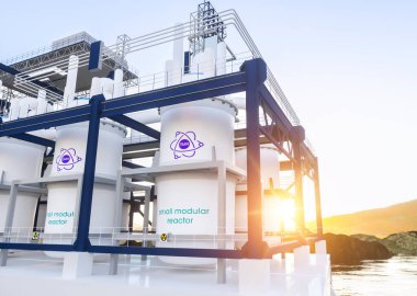 Güneşli bir günde SMR küçük modüler nükleer reaktör santrali kavramı. SMR gelecekteki enerji konseptidir. 3d oluşturma.