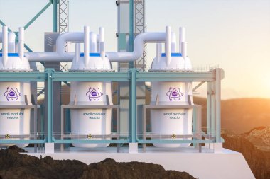 Güneşli bir günde SMR küçük modüler nükleer reaktör santrali kavramı. SMR gelecekteki enerji konseptidir. 3d oluşturma.