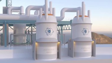 Güneşli bir günde SMR küçük modüler nükleer reaktör santrali kavramı. SMR gelecekteki enerji konseptidir. 3d oluşturma.