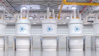 Güneşli bir günde SMR küçük modüler nükleer reaktör santrali kavramı. SMR gelecekteki enerji konseptidir. 3d oluşturma.