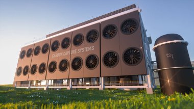 Atmosferdeki karbondioksiti azaltmak için endüstriyel karbon yakalama tesisi. 3B görüntüleme