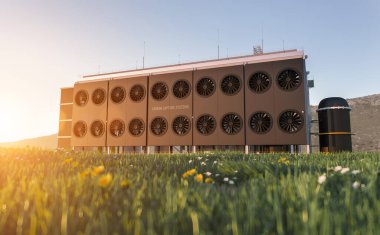 Atmosferdeki karbondioksiti azaltmak için endüstriyel karbon yakalama tesisi. 3B görüntüleme