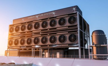 Atmosferdeki karbondioksiti azaltmak için endüstriyel karbon yakalama tesisi. 3B görüntüleme