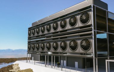 Atmosferdeki karbondioksiti azaltmak için endüstriyel karbon yakalama tesisi. 3B görüntüleme