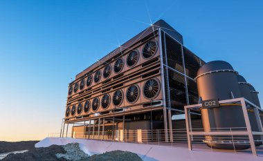 Atmosferdeki karbondioksiti azaltmak için endüstriyel karbon yakalama tesisi. 3B görüntüleme