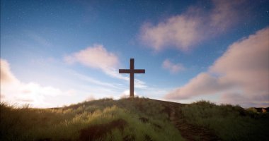 One cross on the hill with clouds moving on blue starry sky. Easter, resurrection, new life, redemption concept. clipart