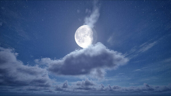 Full moon night and starry blue sky with moving clouds. The moon on cloudy sky. Christmas night background. Beautiful cloudscape