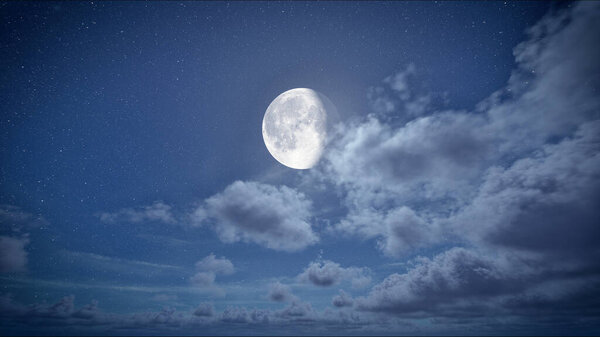 Moon on the blue starry sky with clouds moving at night. Christmas night background. Cloudy sky. Beautiful cloudscape