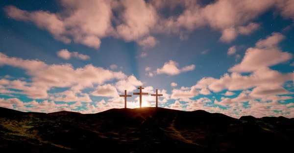 Tři Kříže Kopci Mraky Pohybujícími Modré Hvězdnaté Obloze Velikonoce Vzkříšení — Stock fotografie
