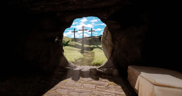 Resurrección Jesucristo Piedra Aleja Tumba Entra Luz Tres Cruces Colina Fotos de stock libres de derechos