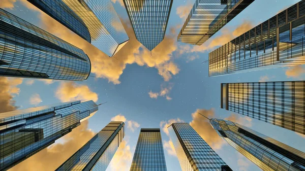 Złote Chmury Błękitnym Gwiaździstym Niebie Przelatujące Nad Wieżowcami Budynki Biznesowe Obraz Stockowy