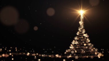 Parlayan altın noel ağacı parçacıkları yıldızları ve siyah kar tanelerini aydınlatıyor. Tatil kavramı ve arkaplan