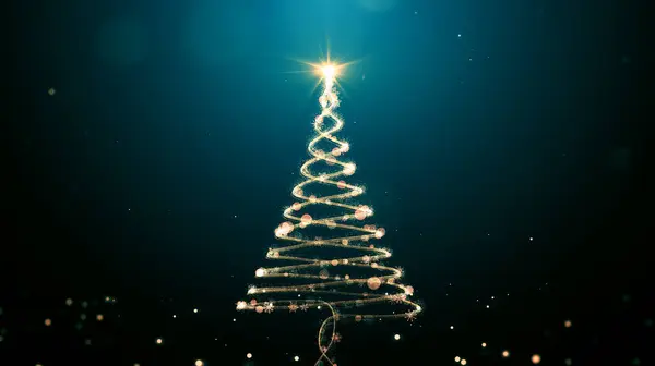 Glowing gold Christmas tree animation with particles lights stars and snowflakes on green. Holiday concept and background