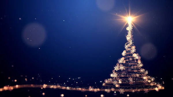 Glowing gold Christmas tree animation with particles lights stars and snowflakes on blue. Holiday concept and background