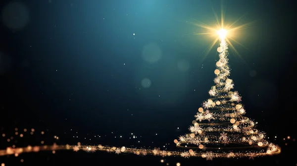 Glowing gold Christmas tree animation with particles lights stars and snowflakes on green. Holiday concept and background
