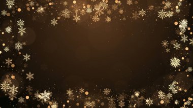 Noel kar taneleri çerçevesi, altın arka planda ışıklar ve parçacıklar. Kış, Noel, Yeni Yıl, Tatil çerçevesi kavramı.