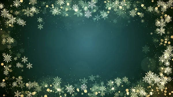 Weihnachten Schneeflocken Rahmen Mit Lichtern Und Partikeln Auf Grünem Hintergrund lizenzfreie Stockbilder