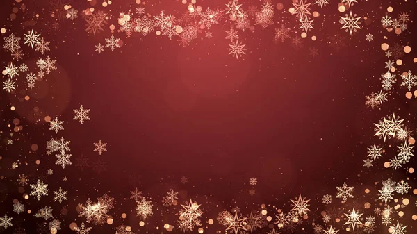 赤い背景にライトと粒子が付いているクリスマスの雪片フレーム クリスマス 休日のフレームコンセプト ストック画像