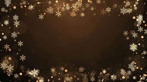 金色の背景にライトと粒子が付いているクリスマスの雪片フレーム クリスマス 休日のフレームコンセプト ストック写真