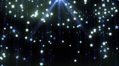 Noel arkaplanı, yıldız parçacıkları ve mavi üzerine düşen ışıklarla dolu. Noel, Kış, Yeni Yıl, Tatil Projeleri konsepti. 