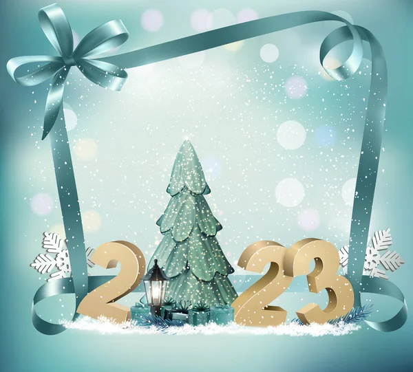 圣诞快乐 新年快乐背景 2023年 礼品盒和蓝丝带 — 图库矢量图片