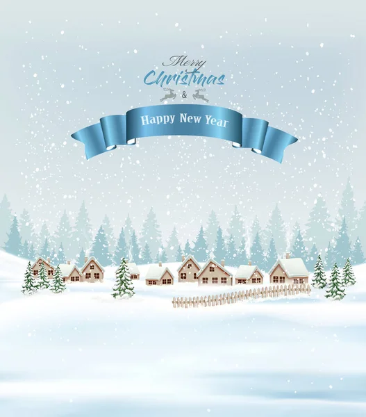 Fête Noël Avec Village Hiver Sapins Couverts Neige Vecteur — Image vectorielle