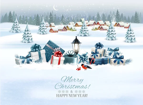 冬の村とカラフルなプレゼントを持つホリデークリスマスとハッピーニューイヤーの背景 ベクトル — ストックベクタ