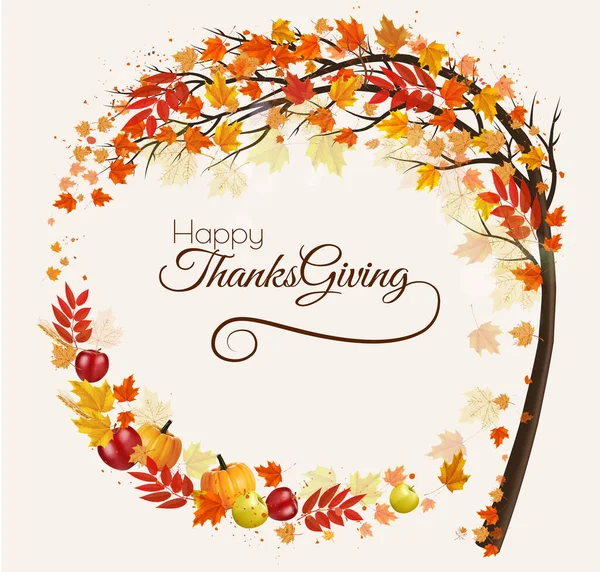 Happy Thanksgiving Holiday Background Autumn Tree Colorful Leaves Vegetables Fruit — Stock Vector