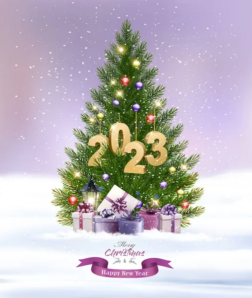 Vrolijk Kerstfeest Gelukkig Nieuwjaar Achtergrond Met Kerstboom Kleurrijke Geschenkdozen Gouden — Stockvector