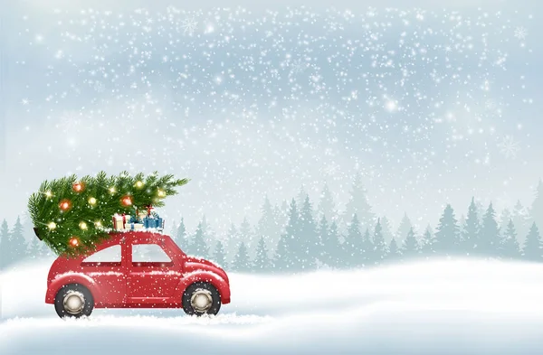 Holiday Christmas background with a snowflakes and landscape and a blue car is driving a Christmas tree for a  holiday. Winter illustration, banner, card