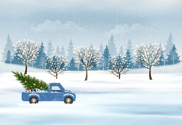 ホリデークリスマスとハッピーニューイヤーの背景には ガーランドと赤い車がクリスマスツリーを運転しています 冬のイラスト バナー ベクター — ストックベクタ