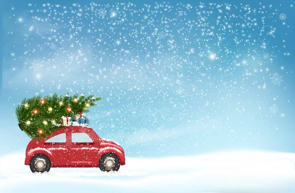 Holiday Christmas background with a snowflakes and landscape and a blue car is driving a Christmas tree for a  holiday. Winter illustration, banner, card