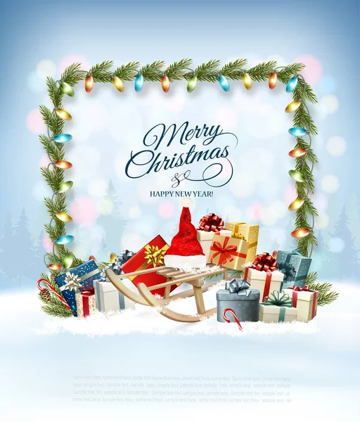 Joyeux Noël Bonne Année Fond Avec Paysage Hiver Coffrets Cadeaux — Image vectorielle