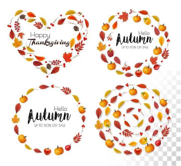 秋天五彩缤纷的森林树叶 圆环和圆环 感恩节和秋季销售的快乐框架 — 图库矢量图片