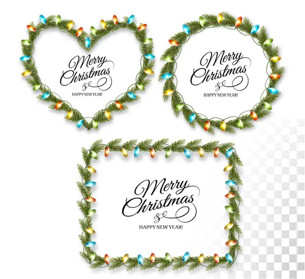 Christmas Tree Branches Garland Colorful Light Bulbs Shape Heart Ring — Stock Vector