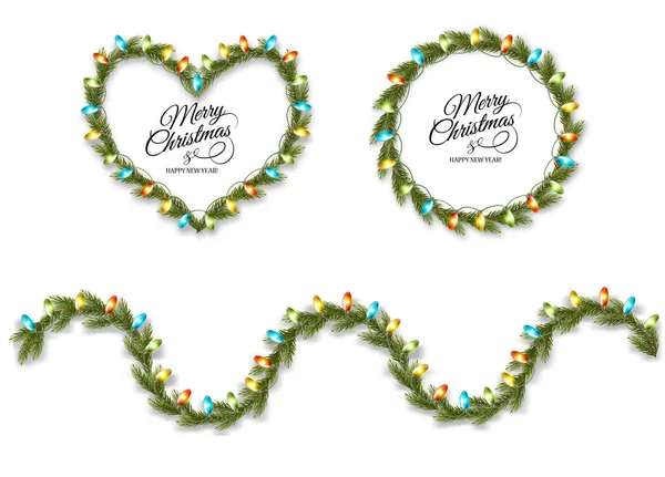 Branches Arbre Noël Guirlande Avec Des Ampoules Colorées Forme Cœur — Image vectorielle