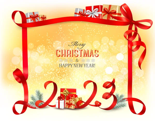 圣诞快乐 新年快乐背景 有2023个字母和一条红丝带 — 图库矢量图片