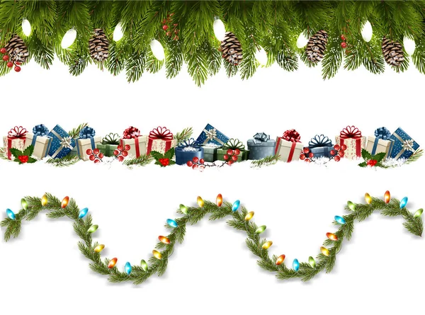 Ramos Árvore Natal Guirlanda Com Lâmpadas Coloridas Forma Uma Linha — Vetor de Stock