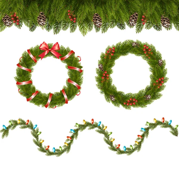 カラフルな電球波状のラインの形でクリスマスツリーの枝やガーランド 透明装飾用のガーランド リボンと松でクリスマスリース ベクト — ストックベクタ
